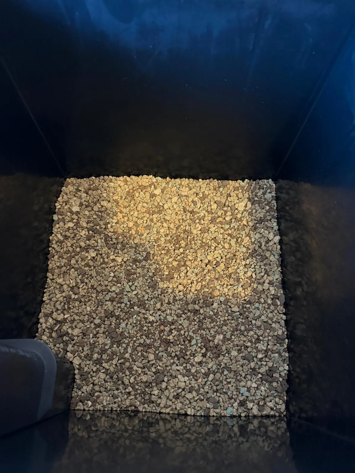 Fondo del macetero nuevo con la base de sustrato mineral que hace de cama para la planta